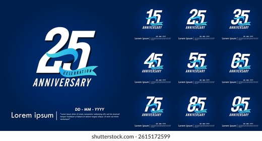 Set of 15-95th years anniversary celebration emblem. elegant anniversary logo isolated with blue ribbon on dark blue background. vector illustration template design for web, flyers, poster, greeting