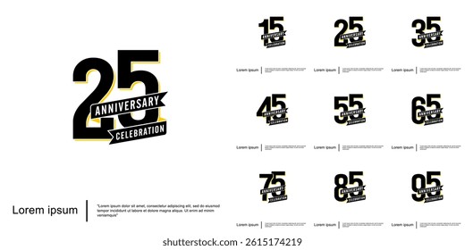 Set of 15-95th years anniversary celebration emblem. elegant anniversary logo isolated with ribbon on white background. vector illustration template design for web, flyers, poster, greeting card