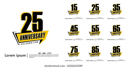 Set of 15-95th years anniversary celebration emblem. anniversary logo isolated with speech ribbon on white background. vector illustration template design for web, flyers, poster, greeting card