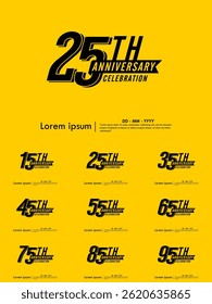 Set of 15-95th years anniversary celebration emblem. black logo isolated with ribbon on yellow background. vector illustration template design for web, flyers, poster, invitation and greeting card