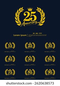 Set of 15-95th years anniversary celebration emblem. yellow anniversary logo isolated with laurel wreath and crown on dark background. vector illustration template design