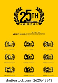 Set of 15-95th years anniversary celebration emblem. anniversary logo isolated with laurel wreath and ribbon on yellow background. vector illustration template design for web, flyers, poster, greeting