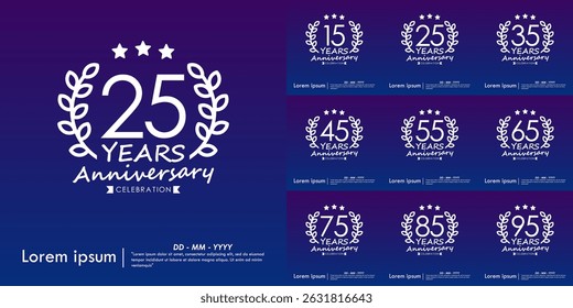 Set of 15-95th years anniversary celebration emblem. congratulations anniversary logo isolated with laurel wreath and stars and ribbon on dark blue background. vector illustration template design 