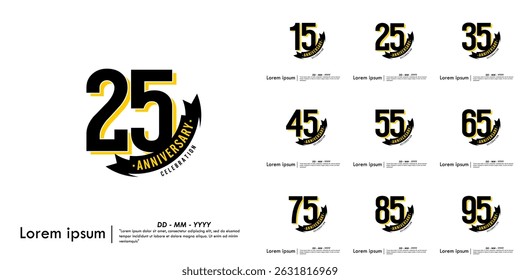 Set of 15-95th years anniversary celebration emblem. congratulations anniversary logo isolated with ribbon on white background. vector illustration template design for web, flyers, poster, greeting