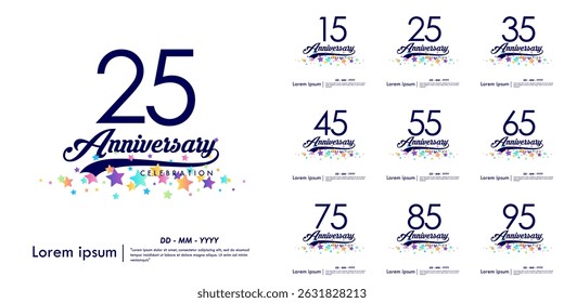 Set of 15-95th years anniversary celebration emblem. congratulations anniversary logo isolated with ribbon and colorful stars on white background. vector illustration template design