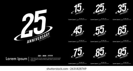 Set of 15-95th years anniversary celebration emblem. congratulations anniversary logo isolated with oval ring. black and white tone. vector illustration template design for web