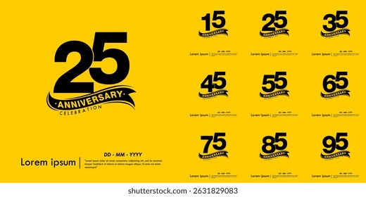 Set of 15-95th years anniversary celebration emblem. black logo isolated with ribbon on yellow background. vector illustration template design for web, flyers, poster, invitation and greeting card