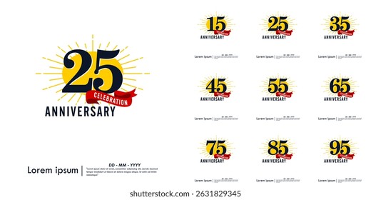 Set of 15-95th years anniversary celebration emblem. congratulations anniversary logo isolated with red ribbon and starburst on white background. vector illustration template design 