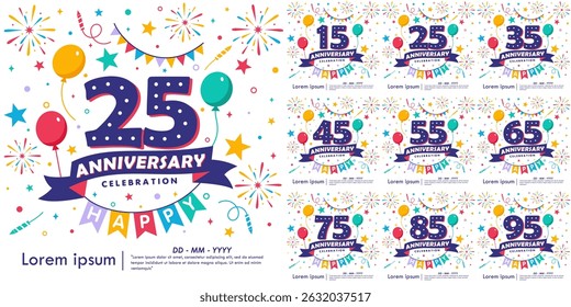 Set of 15-95th years anniversary celebration emblem. congratulations anniversary logo isolated with balloons, bunting flag, ribbon, fireworks and stars. vector illustration template design