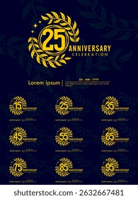 Set of 15-95th years anniversary celebration emblem. congratulations anniversary yellow logo with laurel wreath and stars on dark background. vector illustration template design for web