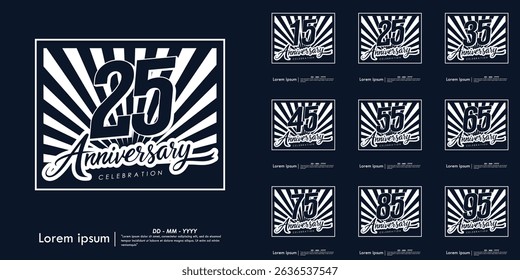 Set of 15-95th years anniversary celebration emblem. congratulations anniversary calligraphy isolated with laurel sunburst on black background. vector illustration template design for web