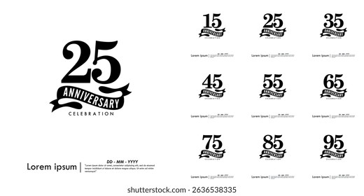 Set of 15-95th years anniversary celebration emblem. congratulations anniversary logo isolated with ribbon on white background. vector illustration template design for web, flyers, poster, greeting