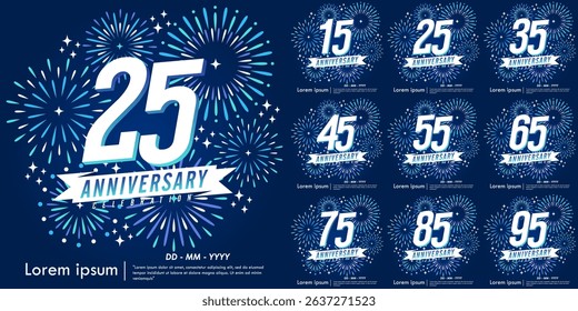 Set of 15-95th years anniversary celebration emblem. congratulations anniversary logo isolated with ribbon and fireworks sparkle on blue background. vector illustration template design