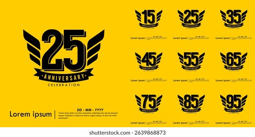 Set of 15-95th years anniversary celebration emblem. congratulations anniversary logo isolated with ribbon and wing on yellow background. vector illustration template design for web