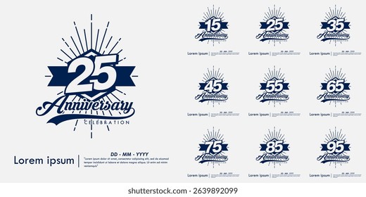 Set of 15-95th years anniversary celebration emblem. congratulations anniversary calligraphy isolated with laurel sunburst and ribbon on white background. vector illustration template design for web