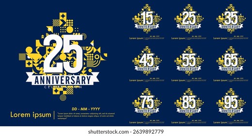 Set of 15-95th years anniversary celebration emblem. congratulations anniversary logo isolated with ribbon and fireworks sparkle on blue background. vector illustration template design for web