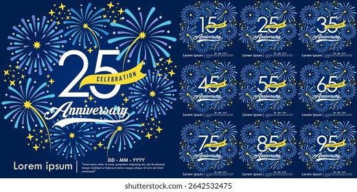 Set of 15-95th years anniversary celebration emblem. congratulations anniversary logo isolated with yellow ribbon and fireworks sparkle on blue background. vector illustration template design for web 