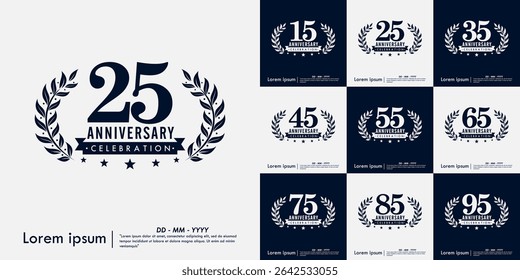Set of 15-95th years anniversary celebration emblem. congratulations anniversary logo isolated with ribbon and laurel wreath on white background. vector illustration template design for web banner