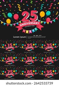 Set of 15-95th years anniversary celebration emblem. congratulations anniversary logo isolated with colorful confetti, bunting flag, balloons and ribbon. vector illustration template design for web