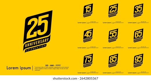 Set of 15-95th years anniversary celebration emblem. congratulations anniversary black logo isolated with ribbons on yellow background. vector illustration template design for web banner.