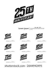 Set of 15-95th years anniversary celebration emblem. congratulations anniversary black logo badge isolated with ribbons on white background. vector illustration template design for web banner.