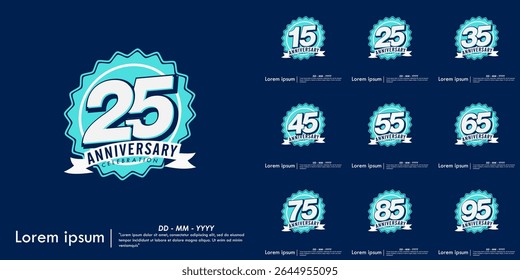 Set of 15-95th years anniversary celebration emblem. congratulation anniversary blue medal logo isolated with ribbon on blue background. vector illustration template design for web banner