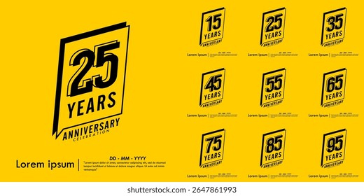 Set of 15-95th years anniversary celebration emblem. congratulations anniversary black logo isolated with speech ribbon badge on yellow background. vector illustration template design for web banner.