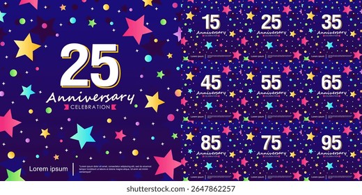 Set of 15-95th years anniversary celebration emblem. congratulation anniversary logo isolated with ribbon and stars twinkle sparkle. vector illustration template design for web banner