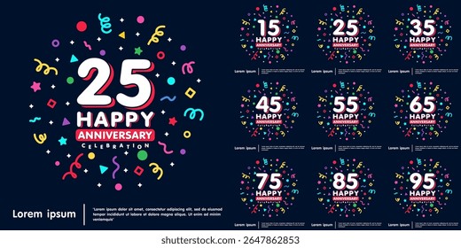 Set of 15-95th years anniversary celebration emblem. Happy anniversary logo isolated with colorful confetti and line doodle and stars. vector illustration template design for web banner