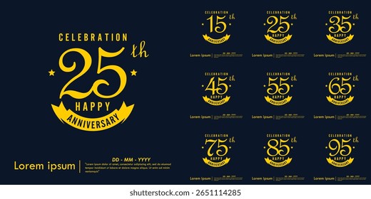 Set of 15-95th years anniversary celebration emblem. happy anniversary yellow logo isolated with ribbon on dark background. vector illustration template design for web banner