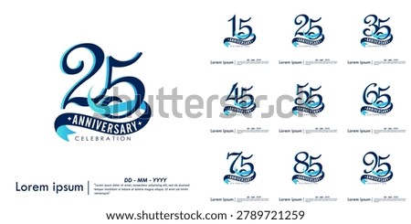 Set of 15-95th years anniversary celebration emblem. elegant anniversary logo isolated with blue ribbon on white background. vector illustration template design for web banner