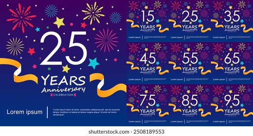 Set of 15-95years anniversary celebration logo isolated with Ribbon, Stars and Fireworks sparkle twinkle. vector illustration template design for web, flyers, poster, invitation card, greeting card