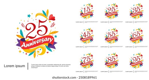 Conjunto de 15-95years aniversario celebración logo aislado colorido y alegre con hojas, cintas y estrellas sobre fondo blanco.Diseño de Plantilla de Ilustración vectorial para el Web, volantes, cartel, saludo 