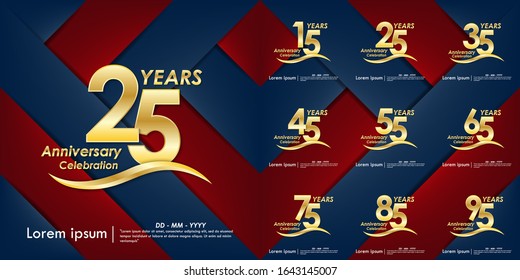 set of 15th-95th anniversary celebration elegance golden logo on red and blue background, vector illustration template design for web, flyers, greeting card and invitation card