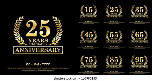 set of 15th-95th anniversary celebration emblem. anniversary elegance golden awards logo isolated on black background, vector illustration template design for celebration greeting and invitation card