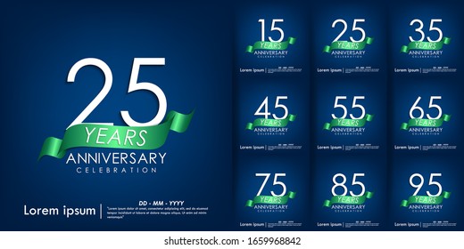 Set of 15th-95th anniversary celebration emblem. anniversary elegance white logo with green ribbon on blue background, vector illustration template for web, flyers, greeting card & invitation card