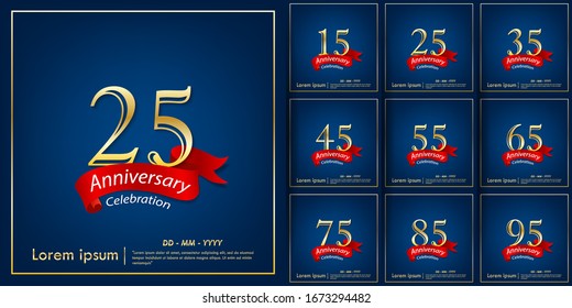 set of 15th-95th anniversary celebration emblem. anniversary elegance golden logo with red ribbon on blue background, template design for web, poster, flyers, greeting card and invitation card