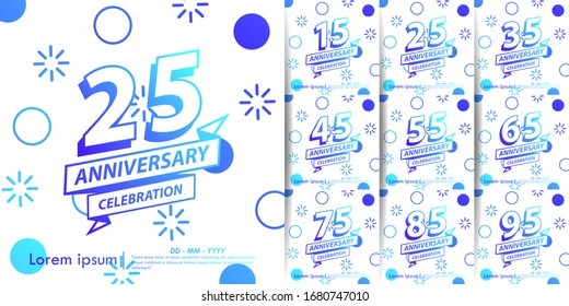 set of 15th-95th anniversary celebration emblem. blue gradient anniversary logo with ribbon on memphis style background, vector illustration template design for web, flyers, greeting card & invitation