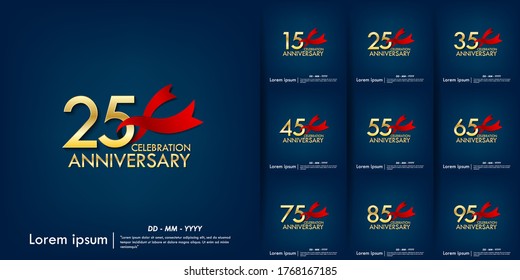 set of 15th-95th anniversary celebration emblem. anniversary elegance golden logo with red ribbon on blue background, template design for web, poster, flyers, greeting card an invitation card