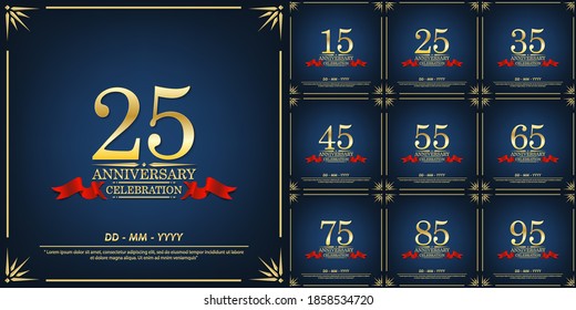 set of 15th-95th anniversary celebration emblem. anniversary elegance golden logo with red ribbon on blue background, template design for web, poster, flyers, greeting card an invitation card