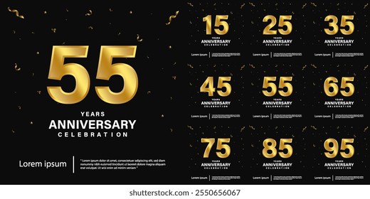 Conjunto de emblema de celebración del 15-95 aniversario. Logotipo de aniversario de oro sobre fondo negro. Diseño feliz de la Plantilla del Anuncio del aniversario para el Web, cartel, volantes, tarjeta de felicitación y tarjeta de la invitación