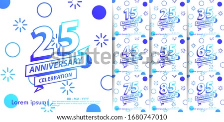 set of 15th-95th anniversary celebration emblem. blue gradient anniversary logo with ribbon on memphis style background, vector illustration template design for web, flyers, greeting card & invitation