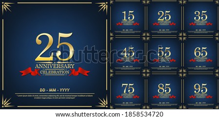 set of 15th-95th anniversary celebration emblem. anniversary elegance golden logo with red ribbon on blue background, template design for web, poster, flyers, greeting card an invitation card