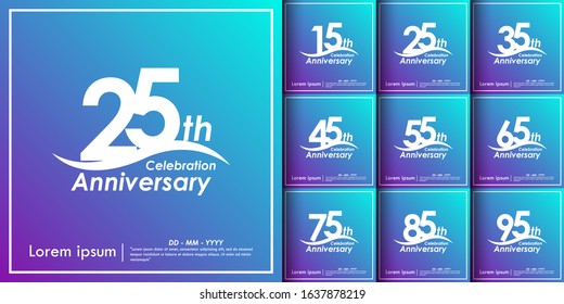 set of 15th-95th anniversary celebration logotype with violet and blue background, vector illustration template design for booklet, leaflet, flyers, brochure poster, web, invitation or greeting card