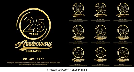 set of 15th-95th years anniversary celebration emblem. elegance golden anniversary logo with ring on black background. vector illustration template design for celebration greeting card and invitation