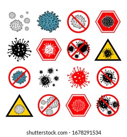 Set of 16 2019-nCoV bacteria isolated on white background. few Coronavirus in red circle vector Icon. COVID-19 bacteria corona virus disease sign. SARS pandemic concept symbol. Human health .