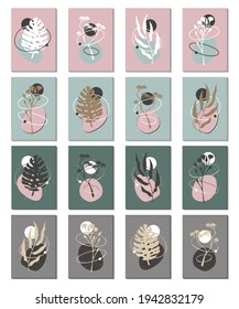 Set with 16 Abstract compositions with leaves and geometric shapes. Interior, home decoration. Poster, card, flyer, frame, wedding  design. Elegant style. Isolated elements, clip art.