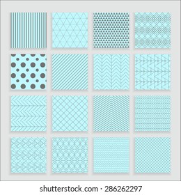 Set of 16 abstract geometric patterns. Classic wallpaper. Vector illustration. Fantasy background with geometric shapes. Zigzag, chevron, polka dot, circle, rhombus