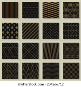 Set of 16 abstract gold geometric patterns. Classic black and white wallpaper. Vector illustration. Fantasy background with geometric shapes. Zigzag, chevron, polka dot, circle, rhombus