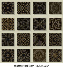 Set of 16 abstract gold geometric patterns. Classic black and white wallpaper. Vector illustration. Fantasy background with geometric shapes. 